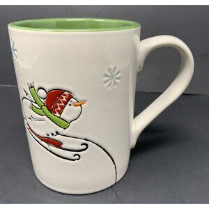 TAG SKIING SNOWMAN HOPE MUG 16 oz Embossed Winter Holiday Xmas Green Interior
